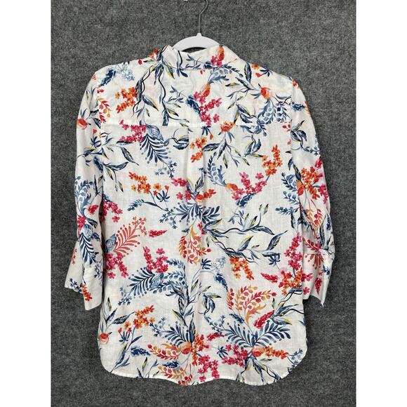 Chico's Linen Shirt Sz 1 (Medium) White w Red and Blue Floral Print Pearl Button - Picture 8 of 11